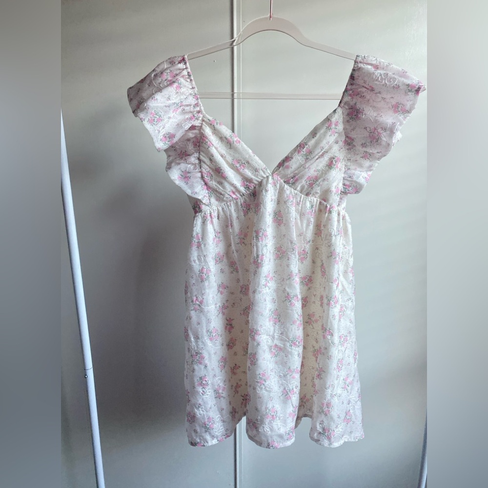 Floral Ruffle V-Neck Mini Dress - Pink on Cream